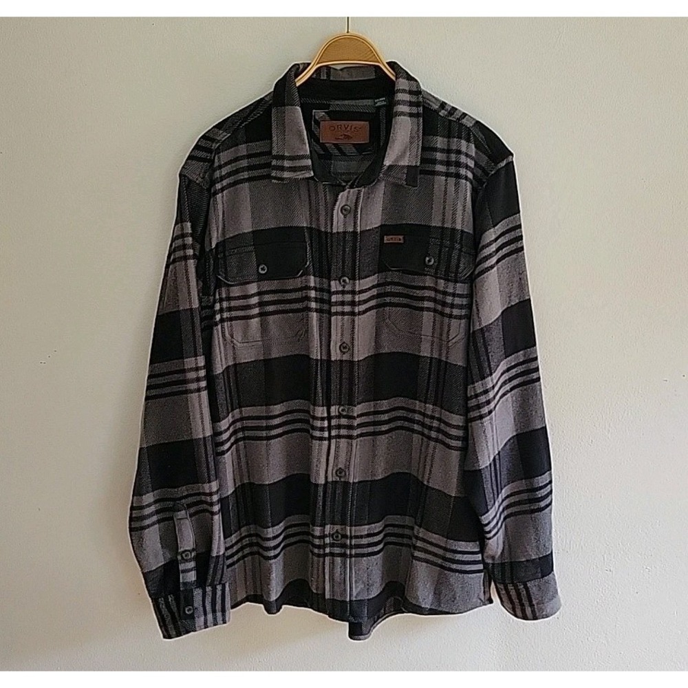 Orvis Fleece Shirt Jacket Shacket Black Gray Plaid Button Up Cabin Casual Grunge